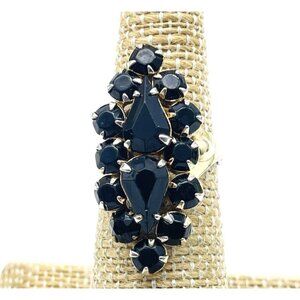Black Rhinestone Dinner Ring Gold Tone Adjustable Glam Bling Sparkle Holiday